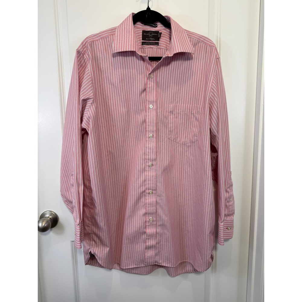 Black Brown 1826 Mens Pink White Striped Non-Iron Dress Shirt 16.5 32 33 Preppy